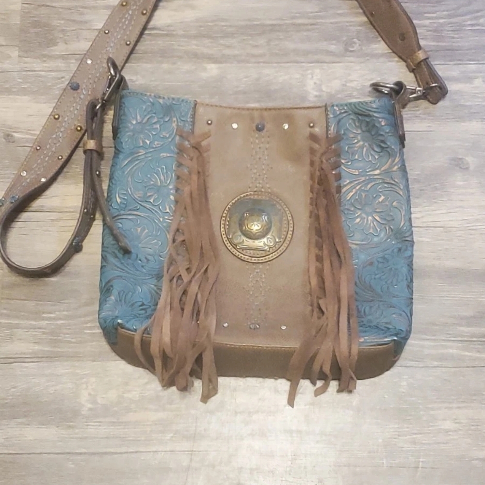 Justin Turquoise Floral Leather Fringe W/ Studs